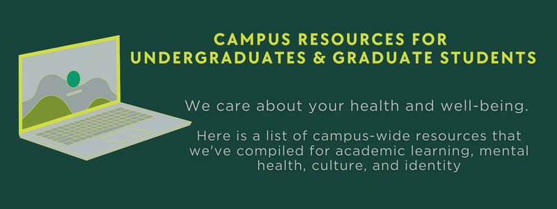 A green background with a computer and text about campus resources for students.